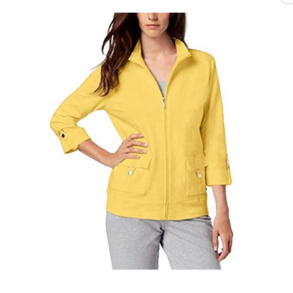 Karen Scott Cotton D-Ring Zipper Jacket Womens Yellow outerwear size large - Picture 1 of 7